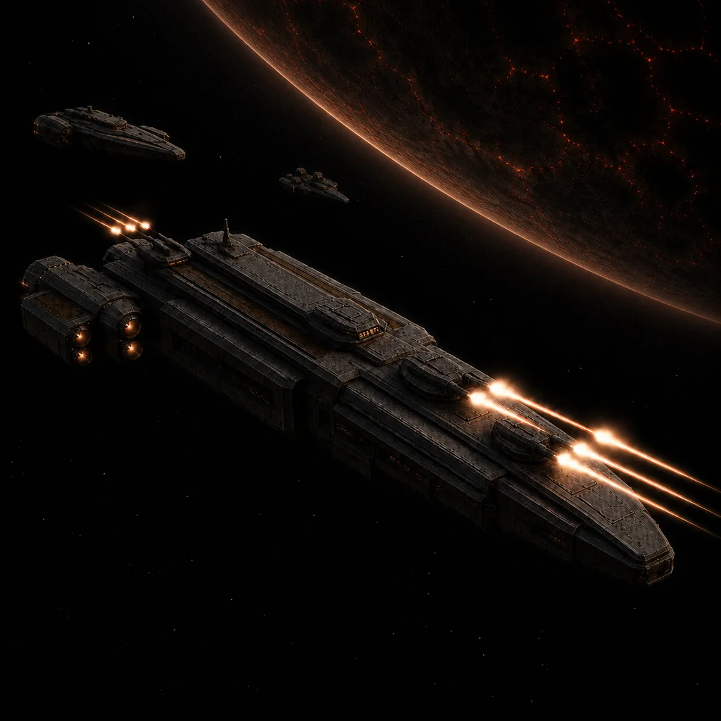 A Terran battlecruiser and escorts above a volcanic world