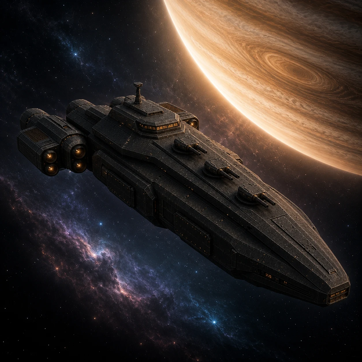 A Terran cruiser gliding beneath a gas giant