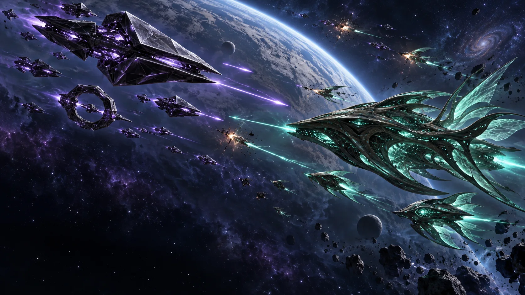 Violet geometric machineships and flowing teal organic spacecraft exchanging fire above a vast planetary arc