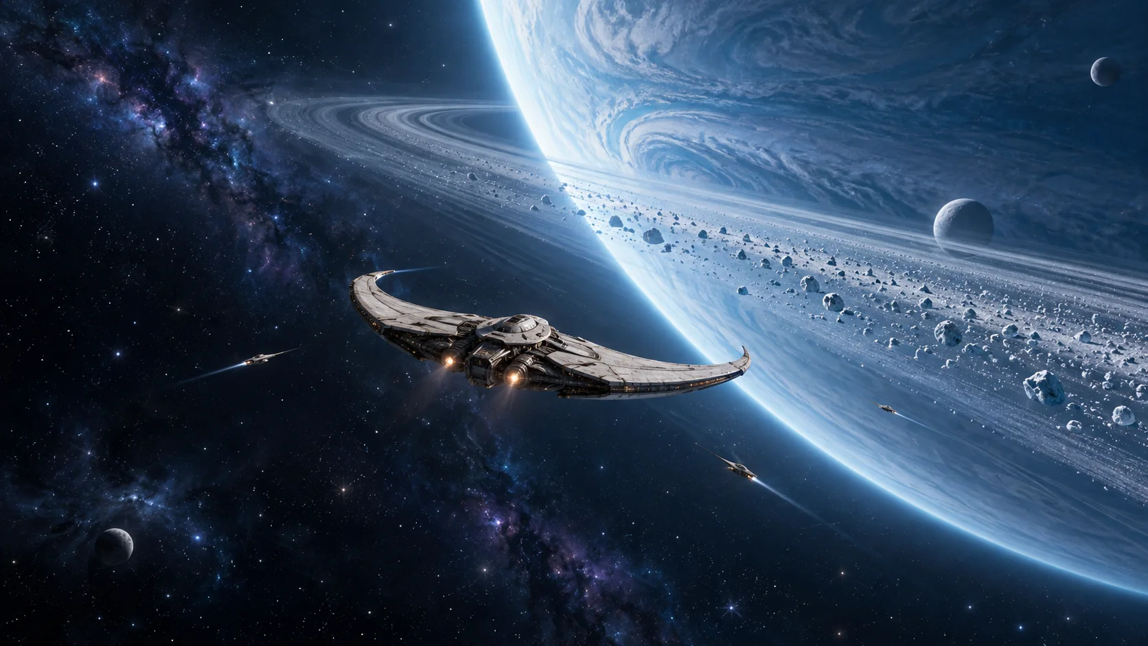 A crescent-shaped exploration ship and tiny scouts approaching the rings of a vast blue ice giant