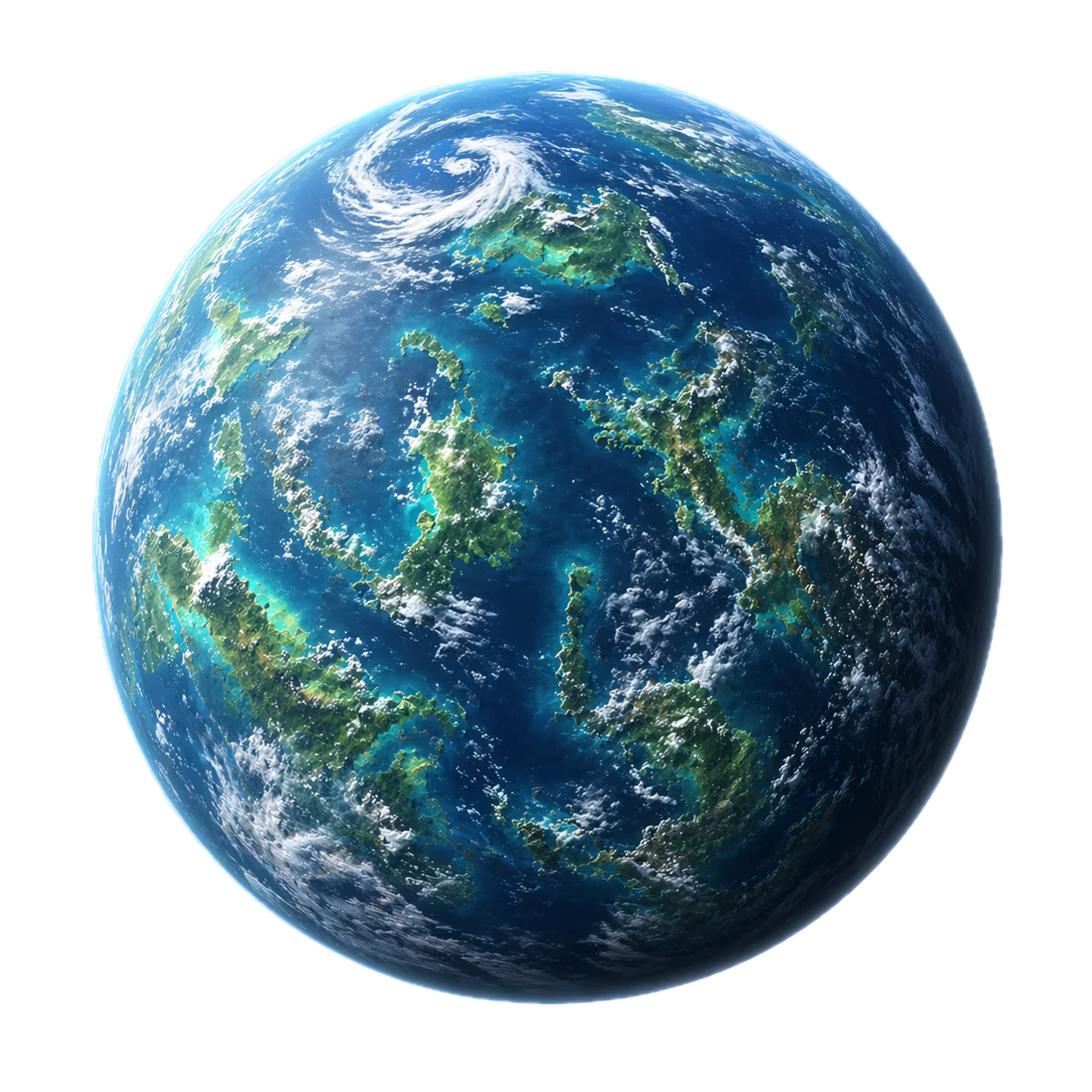 An oceanic planet with blue seas, green islands and swirling clouds