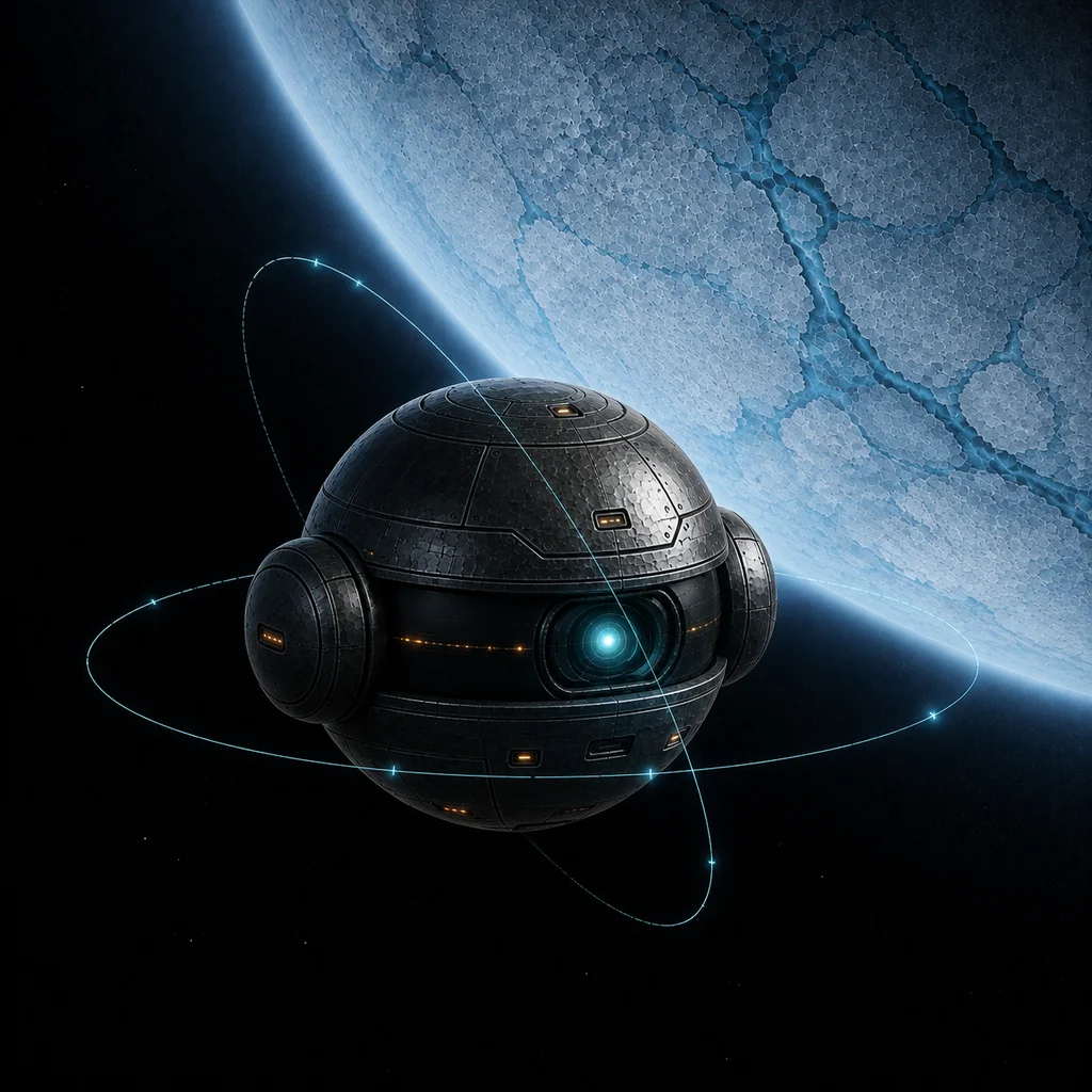 A scanner satellite orbiting an icy world