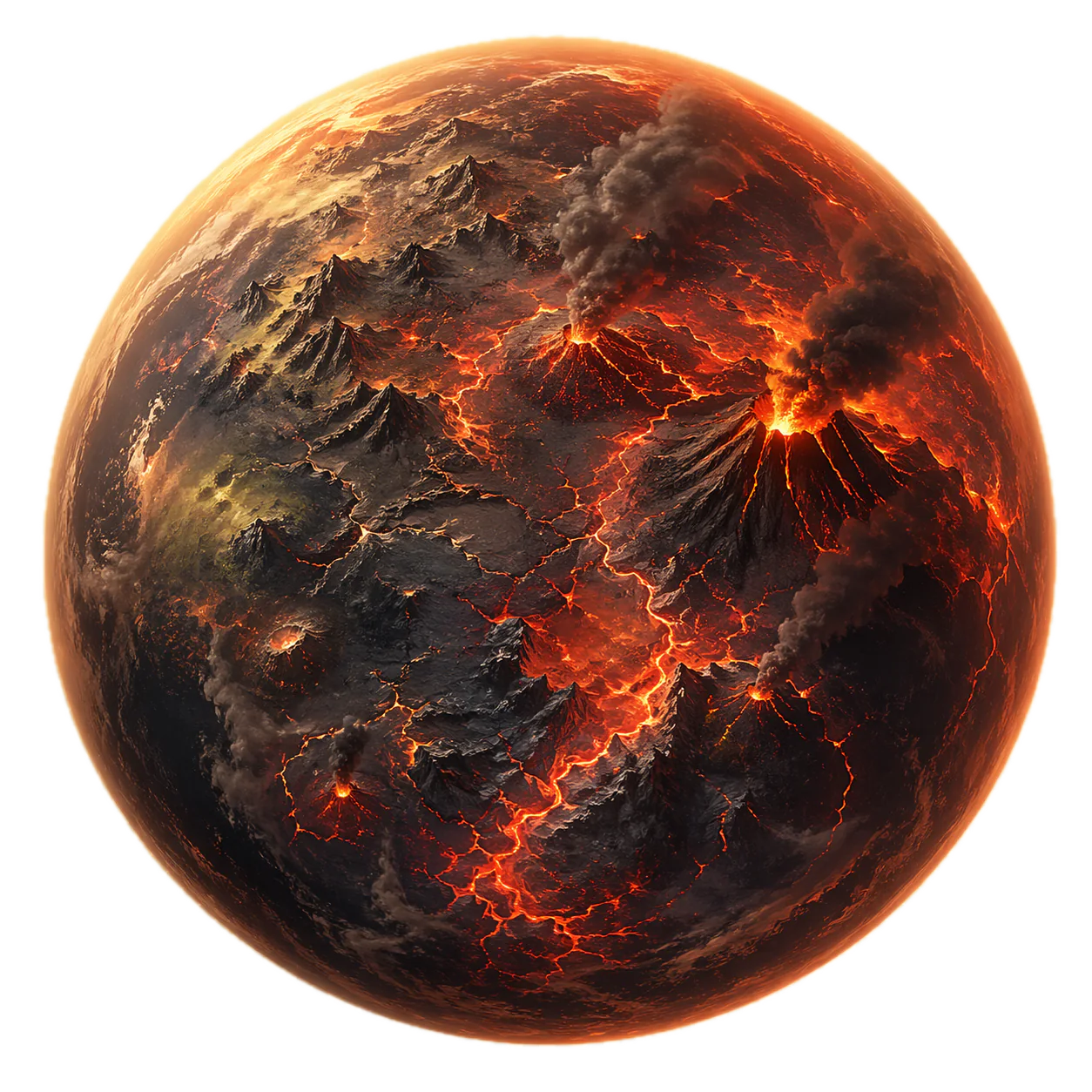A volcanic planet with glowing lava across its dark surface